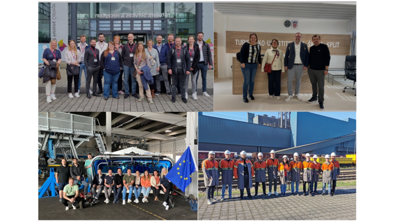 Das Foto zeigt eine Collage aus vier Gruppenfotos während der Aufenthalte in Österreich, Kroatien, Großbritannien und Frankreich