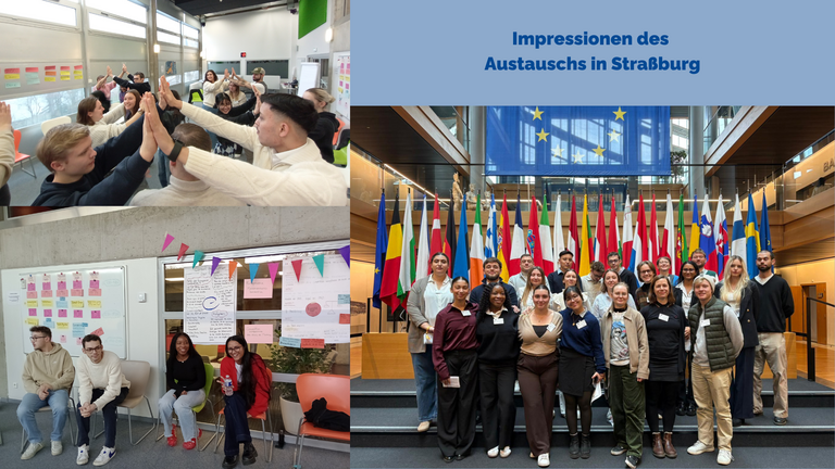 Eine Collage aus drei Bildern. Links sieht man zwei Bilder mit Jugendlichen in einem Workshop, rechts ein Gruppenfoto vor Flaggen der EU-Mitgliedsstaaten im Europäischen Parlament