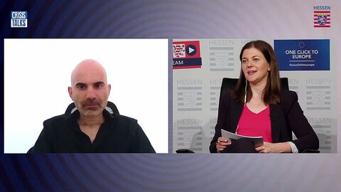 Yiannos Tolias, Generaldirektion Gesundheit der EU-Kommission und Moderatorin Lucia Schulten, Deutsche Welle in Brüssel während der Veranstaltung im Gespräch über Video-Konferenz