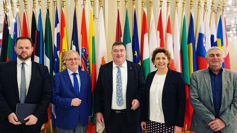 Gruppenbild vor einer Wand mit zahlreichen Europa-Fahnen: Europastaatssekretär Mark Weinmeister im Gespräch mit Europaparlamentariern: v.l.n.r. den Europaabgeordneten Engin Eroglu, Nicola Beer, Vizepräsidentin des EP, Europastaatssekretär Mark Weinmeister, Michael Gahler und Martin Häusling.