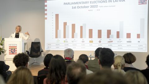 Ilze Nagla vom Öffentlichen Lettischen Fernsehen präsentiert die Wahlergebnisse