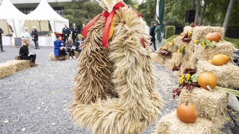 Große Erntekrone aus Stroh geflochten vor einer Dekoration aus Strohballen mit Kürbissen