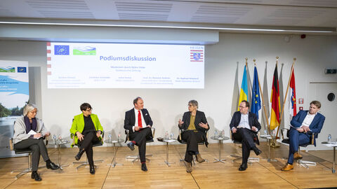 Sitzen bei der Podiumsdiskussion nebeneinander auf der Bühne: v.l.n.r. Die Diskutanten: Bettina Doeser, Referatsleiterin in der Generaldirektion Umwelt, MdEP Christine Schneider, Moderator Björn Finke, Süddeutschen Zeitung, MdEP Jutta Paulus, Prof. Dr. Klement Tockner, Generaldirektor der Senckenberg Gesellschaft für Naturforschung, Dr. Raphael Weyland, NABU