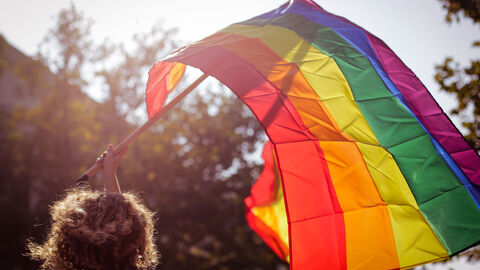 Frau weht Regenbogenflagge durch die Luft