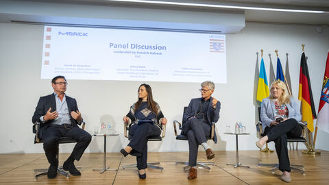 Interessante Diskussion Teilnehmer der Diskussion sitzen auf Stühlen auf der Bühne und sprechen im Rahmen der Podiumsdiskussion miteinander