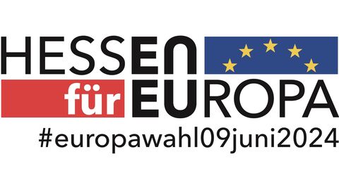 Hessen für Europa - Gehen Sie wählen! Das Logo zeigt den Schriftzug "Hessen für Europa" mit einem Ausschnitt der Europaflagge und dem Hashtag Europawahl 9. Juni 2024