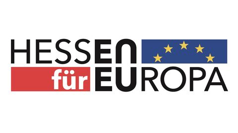 Hessen für Europa Die Grafik zeigt das Logo "Hessen für Europa", welches einen Ausschnitt der blau-gelben Europaflagge beinhaltet.