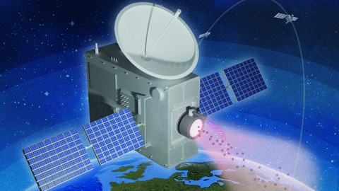 Auf der Grafik ist ein Satellit im All zu sehen, in der unteren Bildhälfte ist der Planet Erde abgebildet.