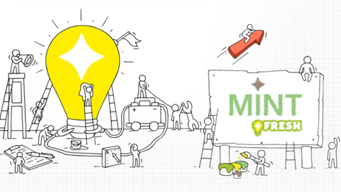 Es ist eine Grafik zu sehen, auf denen stilisierte Männchen an einer großen, gelb erleuchteten Glühbirne arbeiten. Rechts ist ein Schriftzug "MINT FRESH" zu sehen.