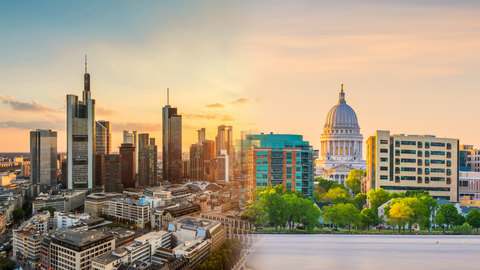 Links ist die Frankfurter Skyline zu sehen, rechts das Capitol in Wisconsin