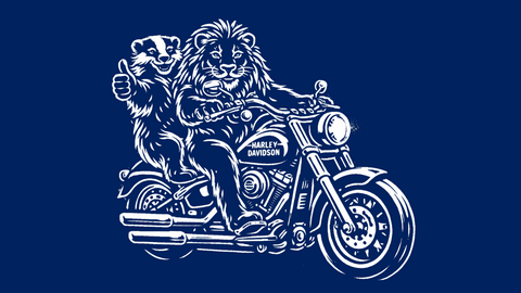 Löwe und Dachs fahren zusammen auf einer Harley Davidson
